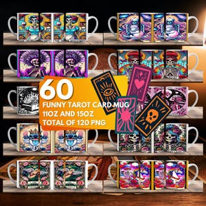 60 Tarot-Tasse, Sublimation PNG, digitales Becherdesign, bunte Tarot-Becherverpackung, 11-Unzen- und 15-Unzen-Becher, Halloween-Skelett, lustiger Comedy-Tarot-Becher