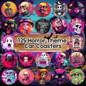 Fajne wzory podstawek samochodowych z motywem horroru w formacie PNG, sublimacja podstawek samochodowych na Halloween w formacie PNG, naklejka na Halloween, podstawki samochodowe z motywem czarownic i wampirów w formacie PNG