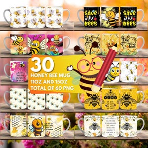 May include: A set of 30 honey bee themed mugs in various designs. The mugs are 11 oz and 15 oz and come in a variety of colors and patterns. The designs feature bees, honeycombs, flowers, and inspirational quotes.  The text on the mugs reads "Save the Bees", "Bee Kind", and "He Lovely Flowers Embarrass Me, They Make Me Regret I Am Not A Bee".