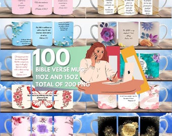 100 Bible Verse Mug Sublimation Digital Designs, Christian Affirmations Mug Wraps, 11oz & 15 oz Mug, Positive Quotes, Bible Verse Prayer Mug