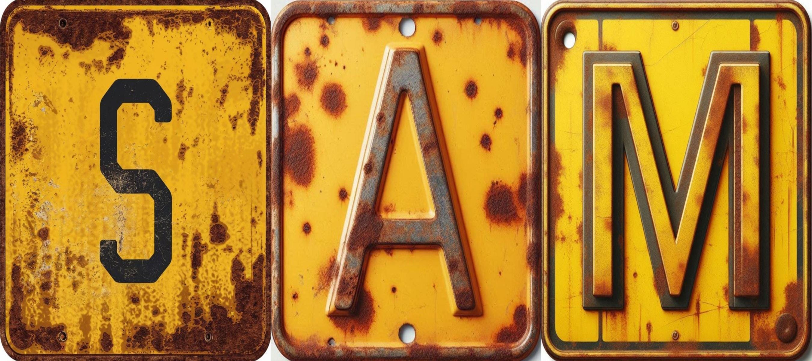 26 Yellow Rusty Letters Alphabet, Metal Plate, Rusted Plate