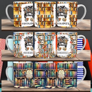 Taza Bookaholic, diseño digital envolvente de 6 tazas, plantillas de 325 ml y 400 ml, sublimación, ideal para lectores de libros, bibliotecas, bibliotecarios.