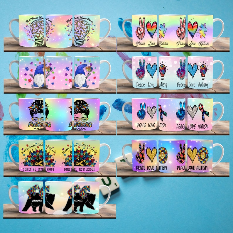 Puede incluir: Conjunto de 10 tazas de cer&aacute;mica coloridas con varios dise&ntilde;os que incluyen signos de paz, corazones, piezas de rompecabezas y las palabras "Peace Love Autism".
