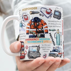 May include: White ceramic mug with a colorful design featuring an EMT's uniform, medical equipment, and the text "Emergency Medical Technician's Life".
