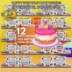 12 Geburtstagsbecher Wrap Rund Digitaler Becher Design, Sofortiger Download, DIY Becher, 15 Unzen und 11 Unzen, Sublimationsdruck PNG, hochwertige PNG