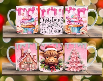 12 Designs Weihnachtsschalen-Wrap-Around-Digital-Becher-Designs, 11 Unzen 15 Unzen Sublimation, Weihnachtsmann, Weihnachtsgeschenk, frohe Weihnachten Becher