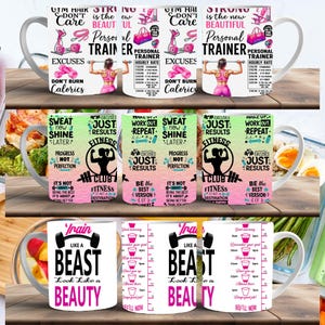 Może przedstawiać: Białe ceramiczne kubki z motywami fitness. Jeden kubek zawiera napis "Train Like a Beast, Look Like a Beauty". Inne kubki mają motywacyjne cytaty i grafikę związaną z ćwiczeniami.