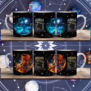 May include: Set of two white ceramic mugs with black handles. The mugs feature a zodiac sign design with a black background and gold stars. The first mug features Libra with a blue and silver scale design. The second mug features Sagittarius with a red and orange archer design. Both mugs have a nutrition facts label with the zodiac sign name.