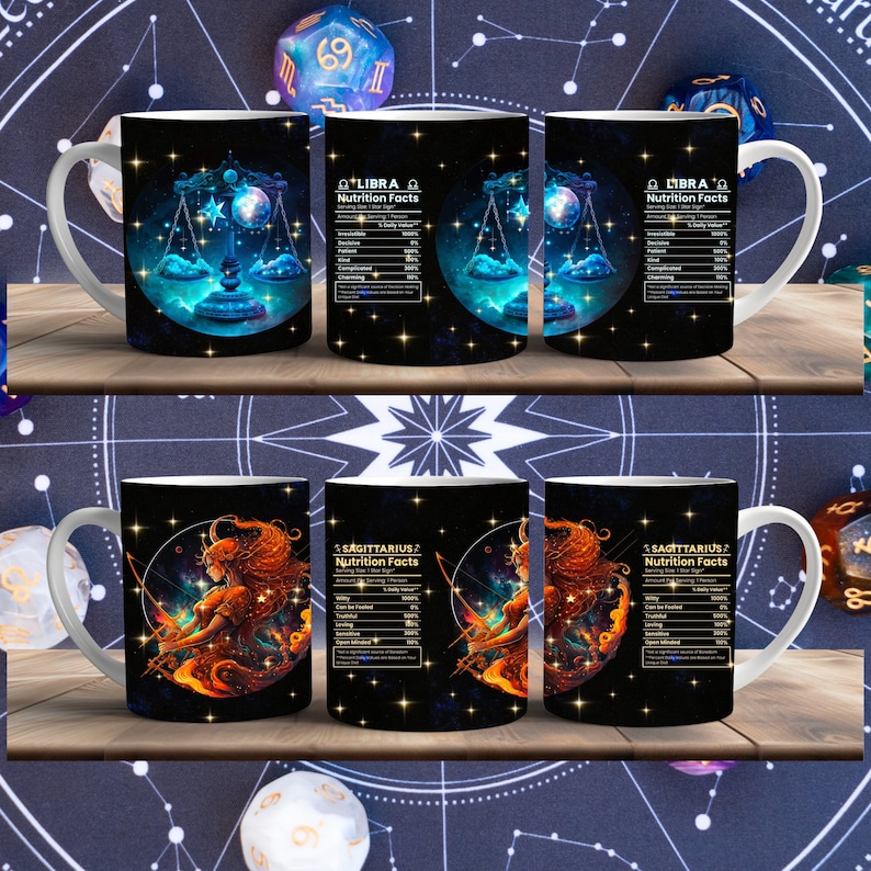 May include: Set of two white ceramic mugs with black handles. The mugs feature a zodiac sign design with a black background and gold stars. The first mug features Libra with a blue and silver scale design. The second mug features Sagittarius with a red and orange archer design. Both mugs have a nutrition facts label with the zodiac sign name.
