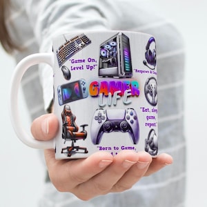 Taza digital envolvente Gamer Life Cup, sublimación de 325 ml y 437 ml, ¡A jugar, subir de nivel!, Come, duerme, juega y repite, ¡Nacido para jugar!
