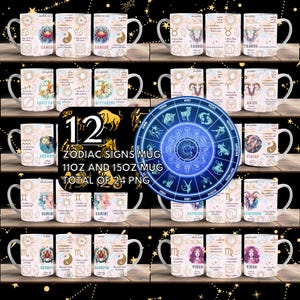 12 beker sterrenbeeld, sterrenbeeld wrap around digitaal mokontwerp, 15 oz en 11 oz, sublimatiepng, hoogwaardige png, horoscopen, mok