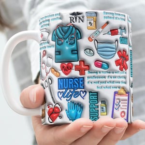 Diseños digitales PNG de sublimación de tazas de enfermera, envoltorios de tazas con amor y apoyo, diseño de tazas de 11 oz y 15 oz, regalo de agradecimiento para enfermeras, taza de vida de enfermera