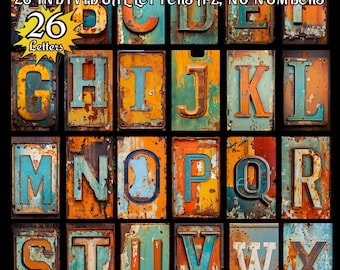 26 Alphabet, Metallschild, verrostetes Schild, Nummernschild, Buchstaben A bis Z, einzelne Buchstaben, Sublimation PNG, hohe Qualität, sofortiger Download