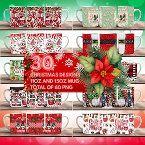 30 Christmas Cup Wrap Around Digital Mug Designs, Sublimation PNG, Merry Christmas Mug Wraps, 11oz & 15 oz Mug, X-mas, Gift for her, Holiday