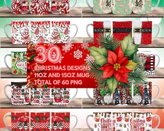 May include: A set of 30 Christmas mug designs, featuring a variety of themes, including gnomes, Santa, hot chocolate, and Christmas trees. The designs are available in 11oz and 15oz sizes, with a total of 60 PNG files.