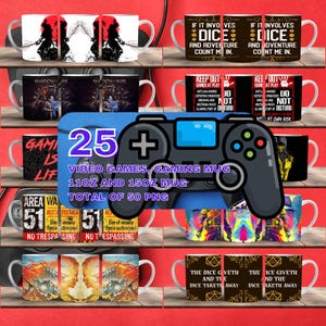 Könnte beinhalten: Ein Set mit 25+ Tassen zum Thema Videospiele und Gaming. Die Tassen sind 11 oz und 15 oz groß und in verschiedenen Designs erhältlich. Zu den Designs gehören ein Videospiel-Controller, ein Charakter aus dem Spiel Shadow War und ein Würfel-Design mit dem Text "The Dice Giveth and The Dice Taketh Away".