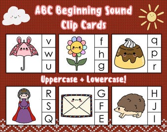 May include: Educational ABC beginning sound clip cards with illustrations of an umbrella, flower, dessert, queen, envelope, and hedgehog. Uppercase and lowercase letters are included. The cards are designed in a cute, cartoon style.