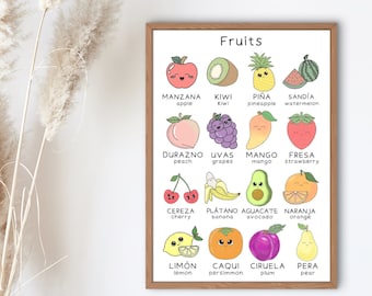 Spanish and English Fruits and Vegetables Bilingual Educational Poster | Learning Poster | Instant Download | Homeschool | Printable Poster