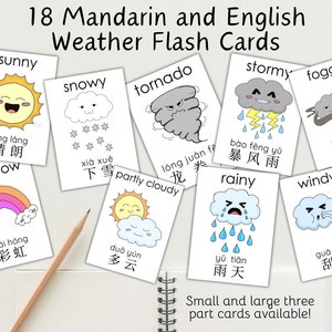 Cartes météo en chinois simplifié et en anglais en mandarin | Cartes-éclair bilingues pour tout-petits | Imprimables préscolaires | École à la maison | Salle de classe