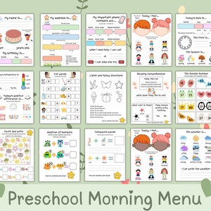 Preschool Morning Menu Printable | Homeschool Morning Menu | Preschool Worksheets | Homeschool Menu | Alphabets | Counting | Numbers | Shape