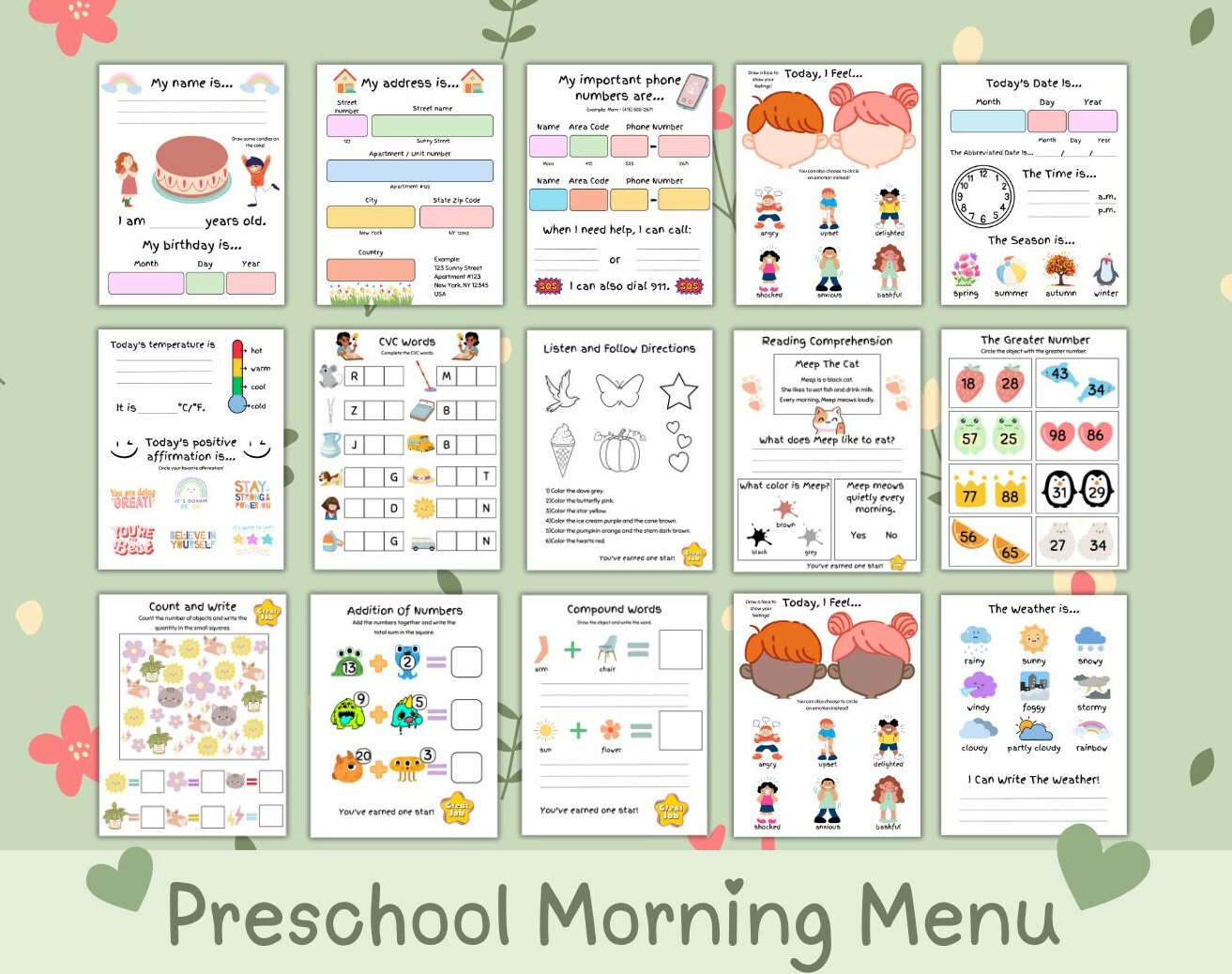 Preschool Morning Menu Printable | Homeschool Morning Menu | Preschool Worksheets | Homeschool Menu | Alphabets | Counting | Numbers | Shape