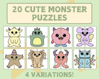 20 Cute Monster Puzzles | Monster Matching Game | Symmetry Puzzles | Preschool Homeschool Printables | Kids Puzzles | Party Birthday Games