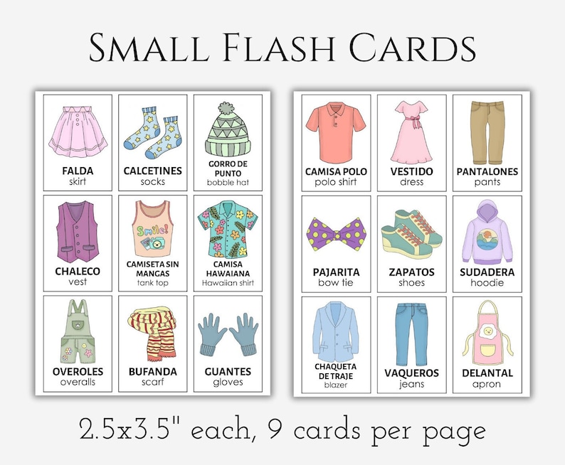 50 Spanish and English Bilingual Clothes and Accessories Flashcards ...