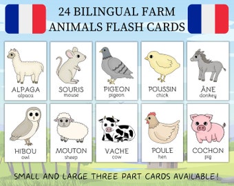 24 French and English Bilingual Farm Animals Flashcards | Montessori Printables | Instant Download | Preschool | Homeschool PDFs | Toddlers