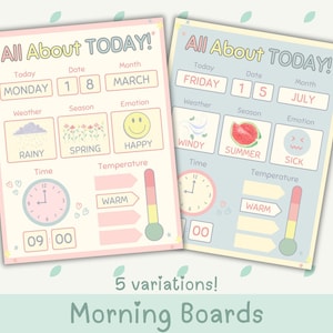 Ochtendbord | Cirkeltijd | Grafiek van vandaag | Voorschoolse Thuisschool Weer Datum Tijd Dag Maand Afdrukbare items | Montessori | Kleuterschool | PreK