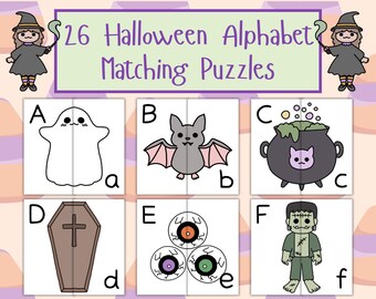 26 Halloween Alphabet Matching Game | Uppercase Lowercase Letter Matching | Matching Halves Activity| Preschool Two Piece Puzzle| Vocabulary