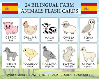 24 Spanish and English Bilingual Farm Animals Flashcards | Preschool Educational Printables | Toddler and Homeschool Flashcards | Montessori