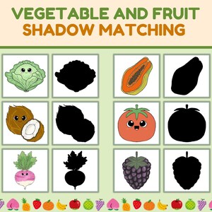 45 Vegetables and Fruits Shadow Matching Cards | Preschool Homeschool Matching Game Activity | Toddler Early Years | Montessori Printables