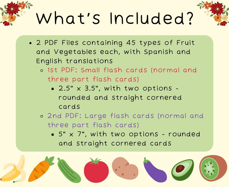 45 Spanish and English Bilingual Fruits and Vegetables Flash Cards