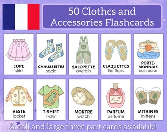 50 French + English Clothes and Accessories Bilingual Flashcards | Montessori Printable | Kindergarten | Preschool Homeschool | Learn French