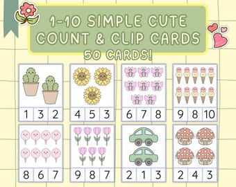 50 Simple Cute Count & Clip Cards | Count to 10 | Preschool Homeschool Numbers Math Printables | Early Learning Counting Activities | PreK