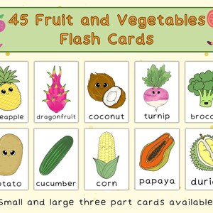 45 Fruits and Vegetables Flash Cards | Montessori Flashcards | Preschool and Toddler Educational Printables | Toddler | Learning and School