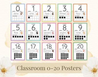 May include: A set of colorful classroom posters displaying numbers 0-20. Each card features a number, its word, an American Sign Language (ASL) hand gesture, and a ten frame representation. The cards have pastel borders and are designed for educational use.