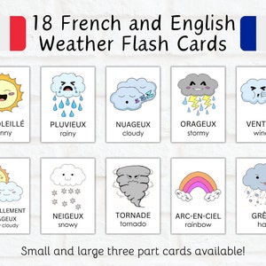 French and English Weather Flash Cards | Bilingual Weather Toddler Flashcards | Preschool Printables | Homeschool | Classroom | Montessori