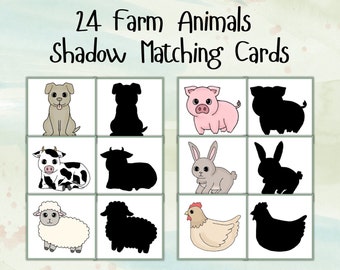 24 Gioco di abbinamento di ombre di animali da fattoria / Attività di abbinamento / Metodo Montessori / Materiale stampabile per la scuola materna e l'homeschooling / Gioco di silhouette