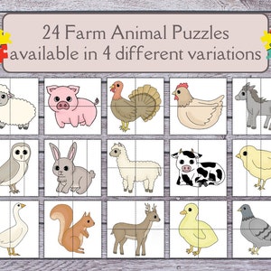 24 Farm Animals Puzzle Pieces | Toddler Homeschool Resource | Preschool Printables | Montessori Learning | Puzzle Activity | Kindergarten