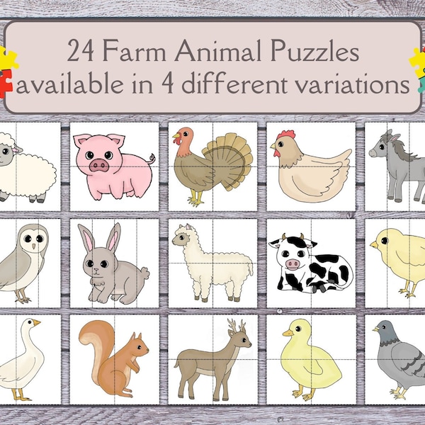 24 Farm Animals Puzzle Pieces | Toddler Homeschool Resource | Preschool Printables | Montessori Learning | Puzzle Activity | Kindergarten