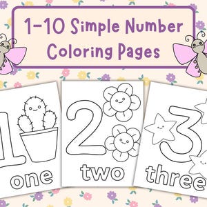 May include: Black and white coloring pages featuring numbers 1-3 with simple illustrations. Number one has a cactus, number two has flowers, and number three has stars. The numbers are labeled with the words "one", "two", and "three".