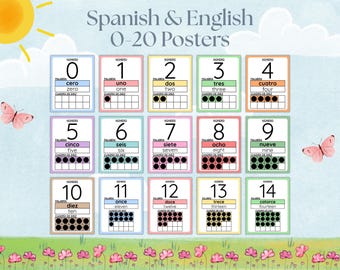 Spanish and English Bilingual 0-20 Number Posters | Los Números | Preschool Homeschool Classroom Decor| Learn to Count | Rainbow Ten Frame