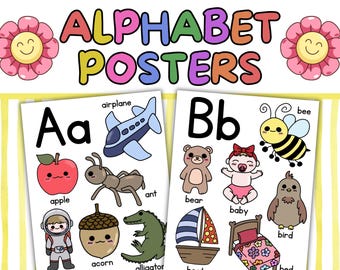 Preschool Alphabet Posters | Beginning Sounds Word Charts | Educational Wall Poster | Classroom Homeschool Decor | A-Z ABC Kindergarten PDFs