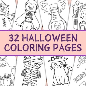 32 lindas páginas para colorear de Halloween / Libro para colorear para niños / Imprimibles Kawaii de preescolar en casa / Hojas para colorear / Actividad de fiesta de Halloween