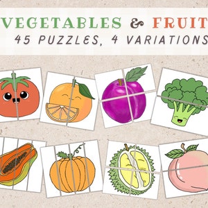 45 Fruits and Vegetables Puzzles | Preschool Matching Card | Montessori Printables | Toddler | Homeschool | Puzzle Pairs | PreK Memory Game