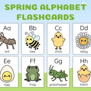 Könnte beinhalten: Frühlings-Alphabet-Lernkarten mit Illustrationen von Tieren und Objekten. Jede Karte zeigt einen Buchstaben und ein zugehöriges Bild: Ameise, Biene, Küken, Gänseblümchen, Ei, Frosch, Heuschrecke und Schlüpfen. Der Hintergrund ist blau und grün.