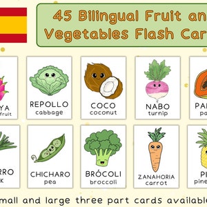 45 Spanish and English Bilingual Fruits and Vegetables Flash Cards | Spanish Flashcards | Preschool Printable PDFs | Montessori Materials