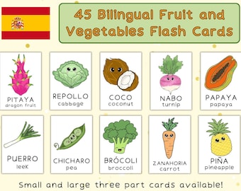 Può includere: Set di 45 flash card bilingue con illustrazioni colorate di frutta e verdura con nomi in spagnolo e inglese. Le carte sono progettate per bambini che imparano lo spagnolo e presentano personaggi dei cartoni animati carini.