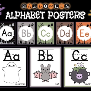May include: Halloween-themed alphabet posters. Each poster features a letter, a corresponding illustration, and the word for the illustration. The letters are in a circle with a spooky background. The illustrations include a ghost, bat, and cauldron.